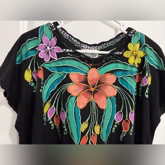 Bali Moon Floral Flowy Black Shift Dress  embroidered trim flowers - Picture 3 of 8